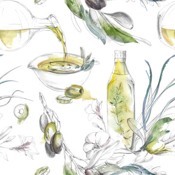 Mediterranean olive oil bottle, liquid dressing pouring, herbal mix. Seamless pattern with botanical accents hand drawn in pencil and watercolor. Specialty food products, gourmet cuisine merchandise.