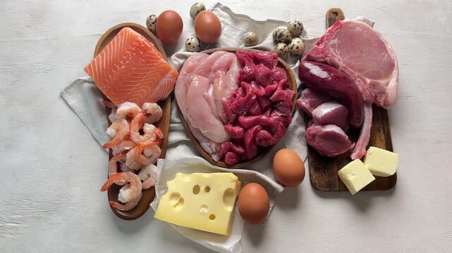 Carnivore Diet. Foods high protein, view from above