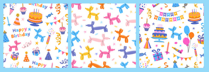 Fototapeta premium Birthday Celebration Seamless Pattern with Balloons, Cakes, and Party Decor