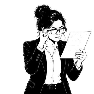 Corprate woman with glasses squiting her eyes to check document