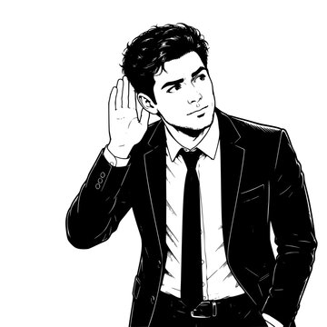 Corporate man with one hand behing his ear to listening gossip