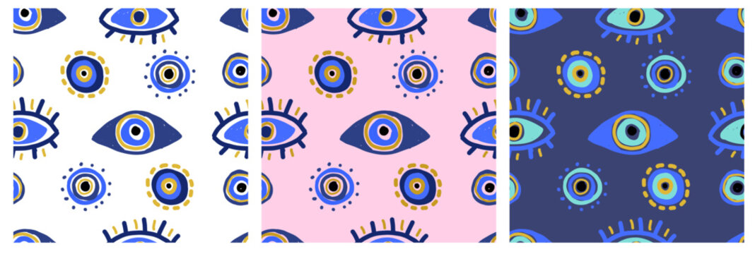 Evil eye seamless pattern with hand drawn mystic symbols in blue and gold colors
