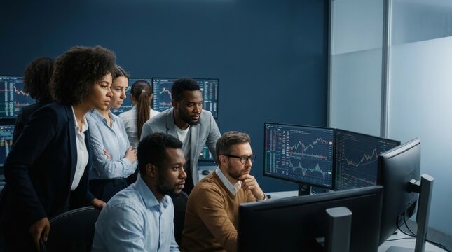 Diverse team of professional traders and analysts monitoring real-time financial data, stock market graphs, and technical charts on multiple computer screens in a modern corporate office.