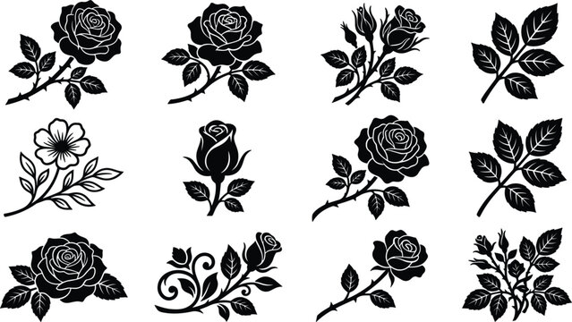 Black Rose Silhouette Vector Set Featuring Elegant Floral Stencils Rose Buds Stems and Leaves Icons for Tattoo Design Laser Cutting and Wedding Decor