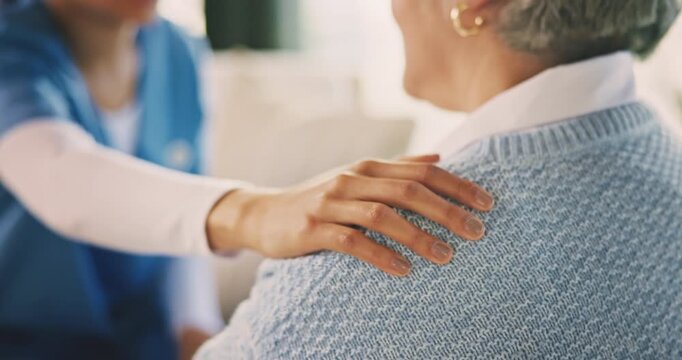 Hand, comfort and nurse with senior woman in nursing home, elderly care and healthcare with support. Assisted living, caregiver and empathy for old person, trust and compassion with gesture in house