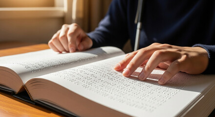 Fototapeta premium A person's hands gently touching and reading a large Braille book, illuminated by natural light indoors.
