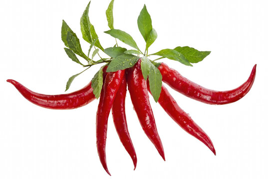 Vibrant Fresh Red Chili Peppers with Green Leaves and Water Droplets
