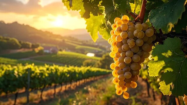A cluster of ripe white grapes hangs in a vineyard during a warm golden sunset