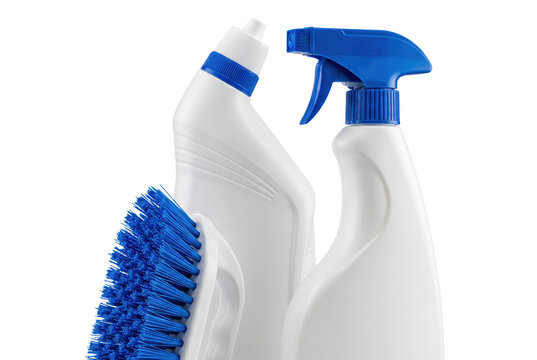 White Plastic Cleaning Bottles and Blue Scrub Brush