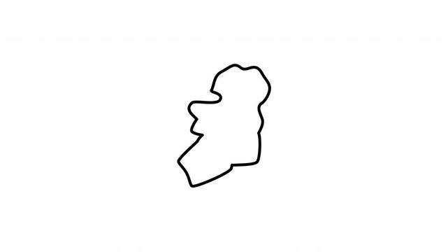 Minimalist outline animation of the geographical country map border silhouette of Ireland drawing on and fading out. Features a clean pop up style in 3 color setups.