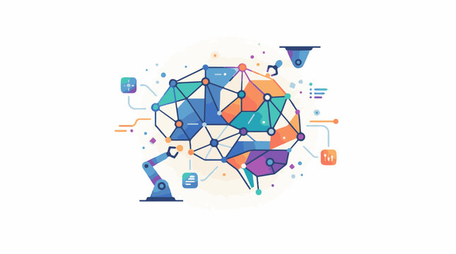 A colorful infographic featuring a geometric brain with various symbols and a robotic arm