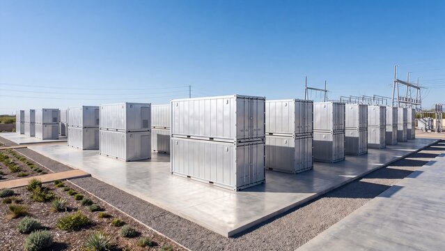 Modular battery energy storage installation, stacked container units on concrete pads with electrical substation under clear sky, high density power storage, grid connection and renewable capacity