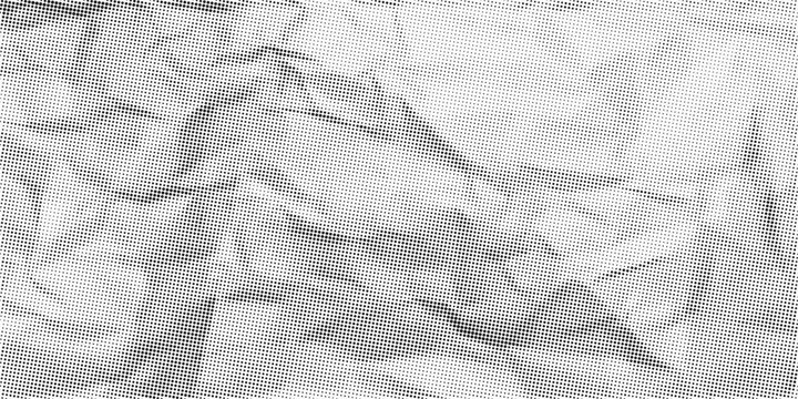 Halftone crumpled paper texture with black dots. White creased sheet background. Rough and wrinkled surface. Grunge retro newspaper background with grainy effect. Vector illustration