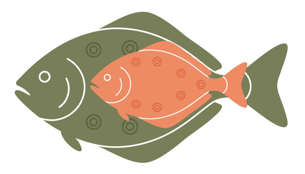 Flatfish flat vector illustration featuring a large green flounder and a small orange halibut on a white background.