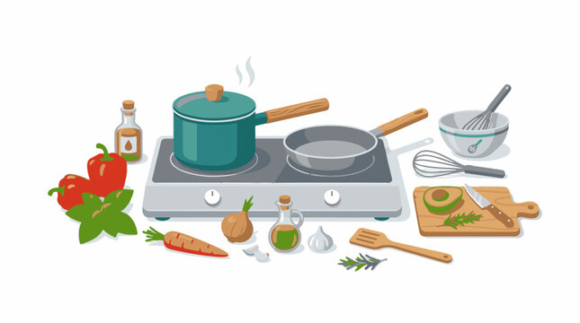 A colorful illustration of kitchen items and ingredients on a white background
