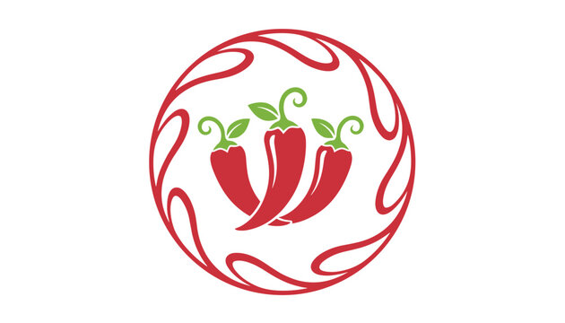 Spicy red chili pepper circular emblem showing three fresh hot peppers inside a decorative red flame border.