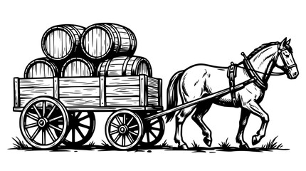 Horse-drawn wagon with barrels, vintage illustration, rustic transport, farm cart, old-fashioned delivery © Berkah