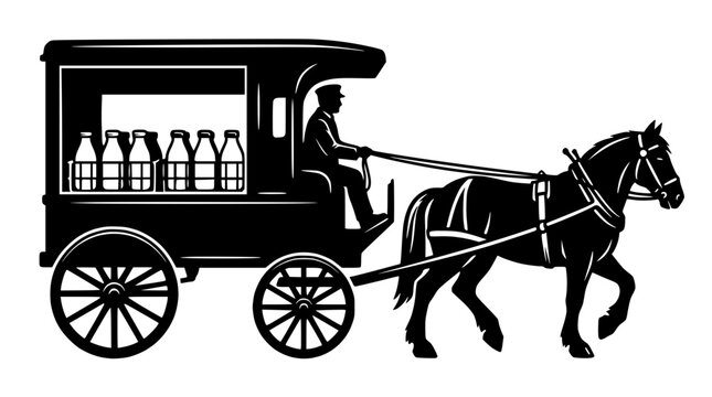 Silhouette of a vintage horse-drawn milk float with bottles and a driver, black and white.