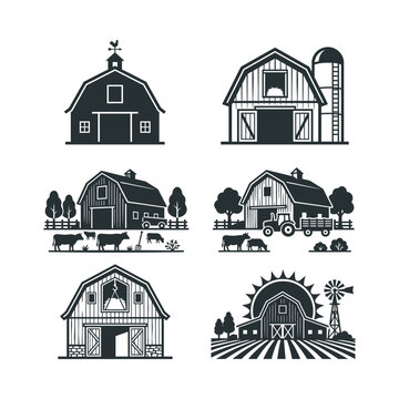 Set of Agricultural Barn Building Icons Featuring Rural Farm Scenes with Livestock and Windmills