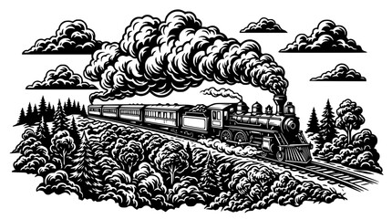 Vintage Steam Train Journey Through Forest Landscape with Smoke Clouds © Berkah