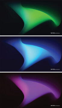 Abstract dark vector background set featuring glowing neon fluid waves in vibrant green, electric blue, and purple tones.