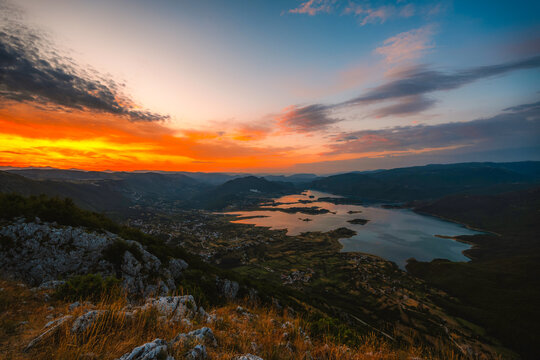 Ramsko Lake (Ramsko jezero) with its unique islands and peninsulas from the Zahum viewpoint, Bosnia and Herzegovina.