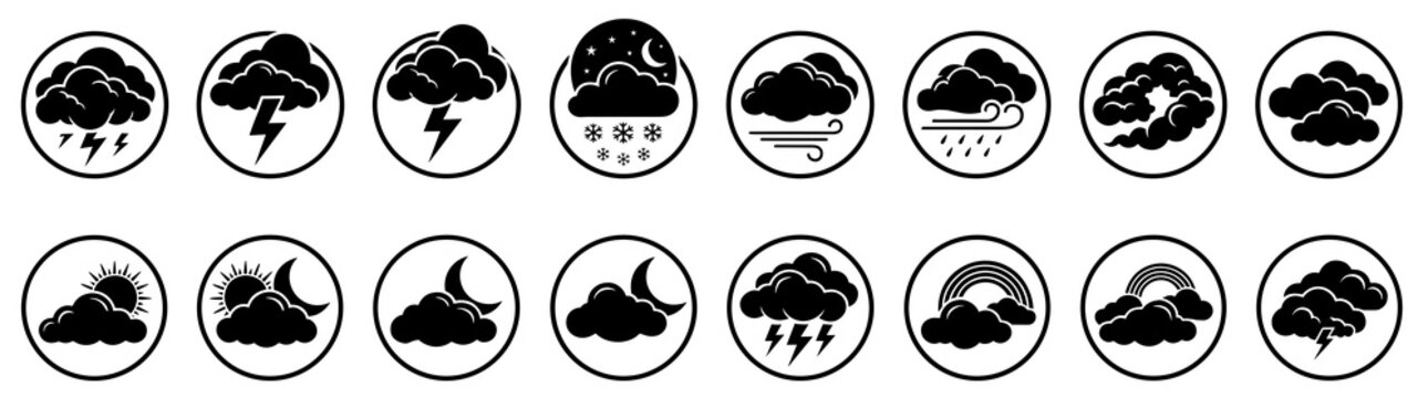 Set of weather forecast icons in circles featuring black cloud silhouettes with rain sun and lightning for nuage dessin vector illustrations.