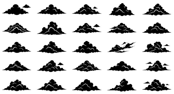 Collection of black silhouette cloud shapes, dark solid sky elements for nuage dessin vector graphic illustrations.