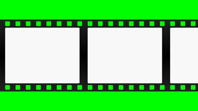 Cinema film strip with three blank frames on a chroma key green background, vintage movie negative frame template for video production and editing.