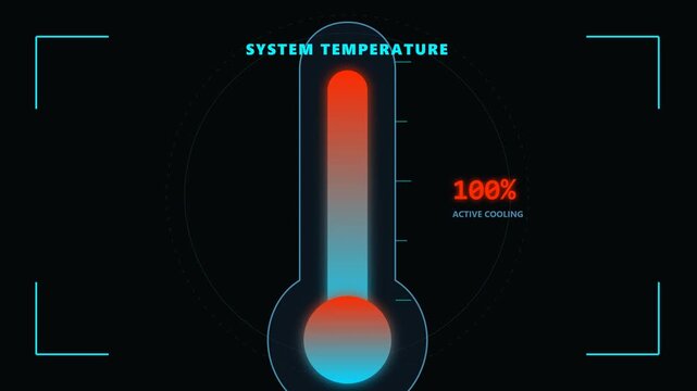 Futuristic Digital HUD Interface Displaying System Temperature and Active Cooling Status on Dark Background