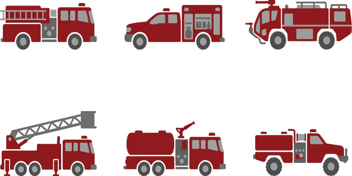 Set of minimalist fire engine icons in side view, showcasing various emergency rescue vehicles for safety services