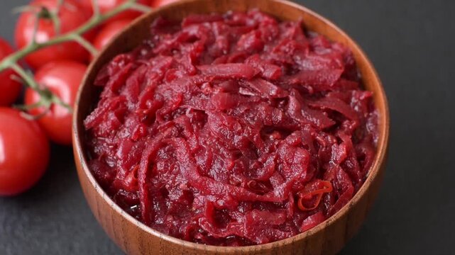 Grated beetroot with salt and spices as an ingredient for borscht or a vegan salad. Grated beetroot as a food background for your design