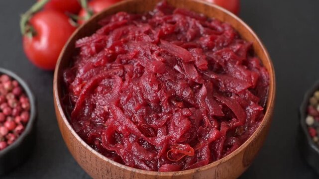 Grated beetroot with salt and spices as an ingredient for borscht or a vegan salad. Grated beetroot as a food background for your design