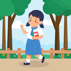 Flat Illustration School Student Girl Waving while holding a book Square Template