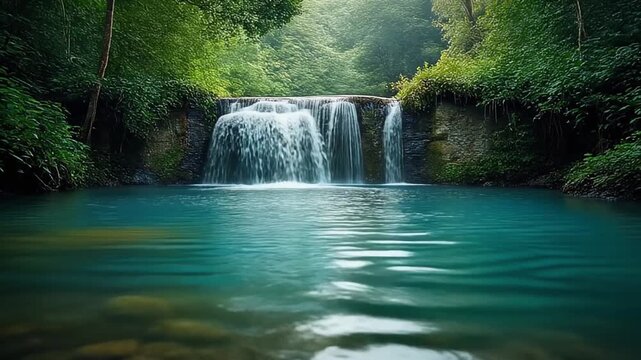 Serene Waterfall Cascading into Clear Pool Surrounded by Lush Green Forest, Nature Landscape in Tranquil Environment from Front View