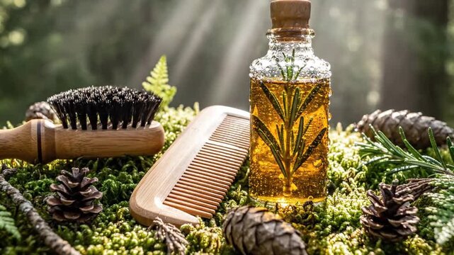 Natural grooming products: beard brush, comb, and oil in forest setting