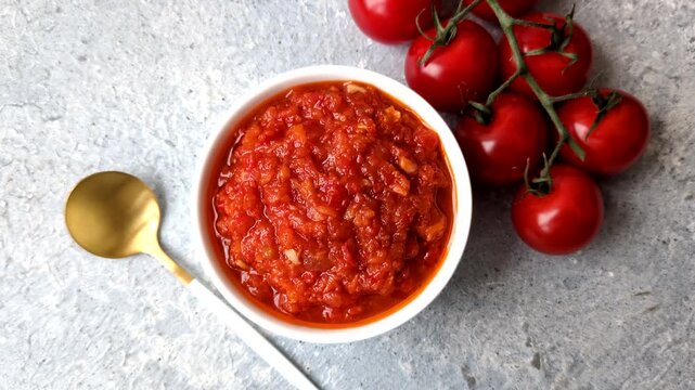 Red tomato Bolognese sauce with spices, salt, pepper, and herbs. A red sauce for preparing pizza, pasta, or meat dishes