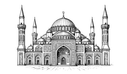 Obraz premium Grand Mosque Black and White Ink Sketch Vector with Islamic Architecture and Elegant Minarets