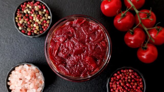 Grated beetroot with salt and spices as an ingredient for borscht or a vegan salad. Grated beetroot as a food background for your design