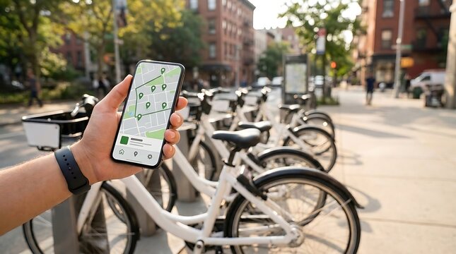Smartphone with bike sharing map on screen held near public bicycles