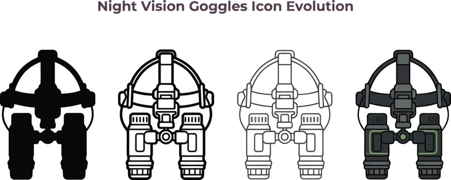 Night vision goggles icon set illustration showing different styles and evolution of tactical observation equipment