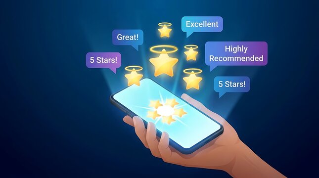 A hand holding a smartphone with glowing stars and positive review speech bubbles