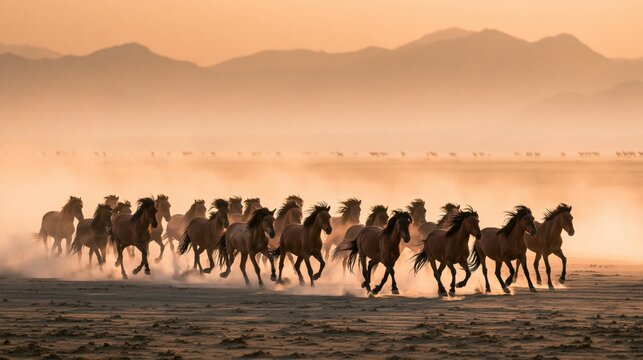 Wild Horses Galloping at Sunset