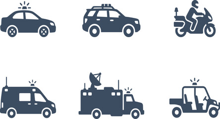 Naklejka premium Set of minimalist police and emergency vehicle icons featuring patrol cars, motorcycles, and tactical units