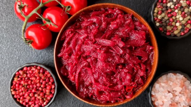 Grated beetroot with salt and spices as an ingredient for borscht or a vegan salad. Grated beetroot as a food background for your design