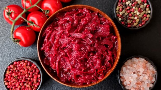 Grated beetroot with salt and spices as an ingredient for borscht or a vegan salad. Grated beetroot as a food background for your design