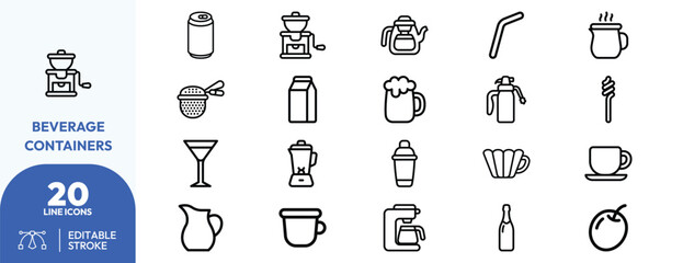 Naklejka premium Beverage Tools icon set. Containing coffee grinder, teapot, milk jug, cocktail shaker, beer mug, pitcher, strainer, wine bottle, blender, and cup. Editable stroke. Vector illustration.