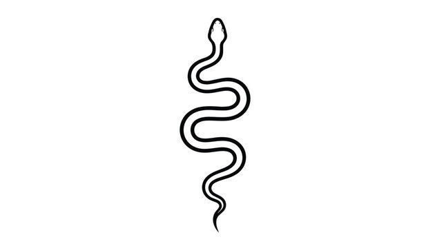 Minimal black and white line art vector illustration of a crawling snake with winding body on a solid white background.