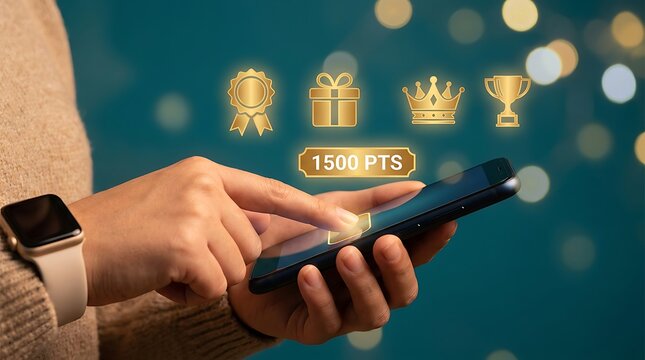 Rewards and points system on mobile phone screen with golden icons