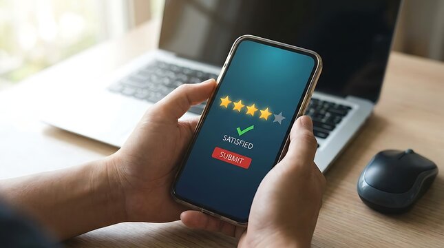 Customer satisfaction survey on mobile phone with laptop in background